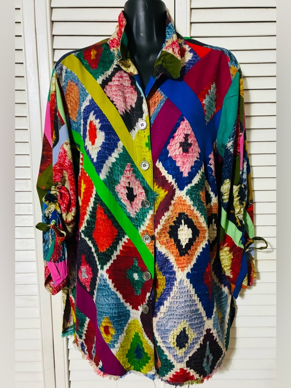 John Mark colorful  Geometric Print Top with fringe hem
